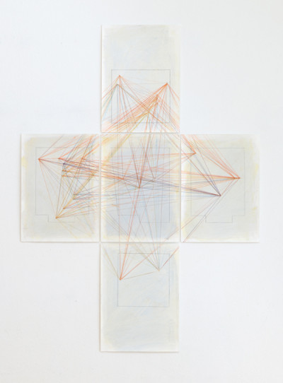 RELATION I, 2014, Acryl, Pigmente, Kohlepapier, Buntstifte,  auf Papier,  5 -teilig, je 33 x 24 cm, 100 x 72 cm, ©Simon Vogel