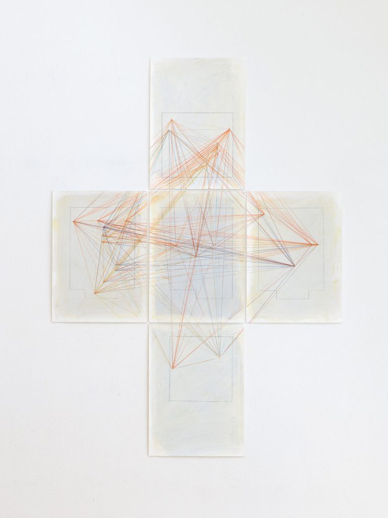 RELATION I, 2014, Acryl, Pigmente, Kohlepapier, Buntstifte, auf Papier, 5 -teilig, Kuenstlerin-Koeln