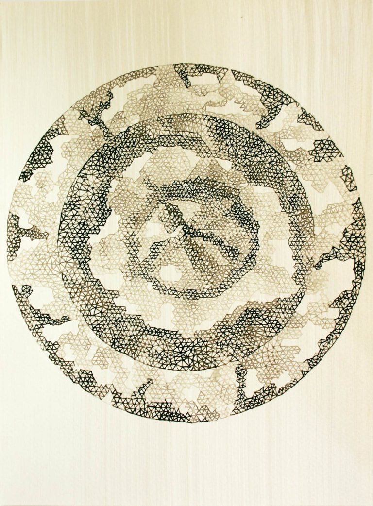 ´Die Ringe durchbrechen, fuer den Freigeist V`, 2014, ink on Portvin, paper ; Kuenstlerin-Koeln