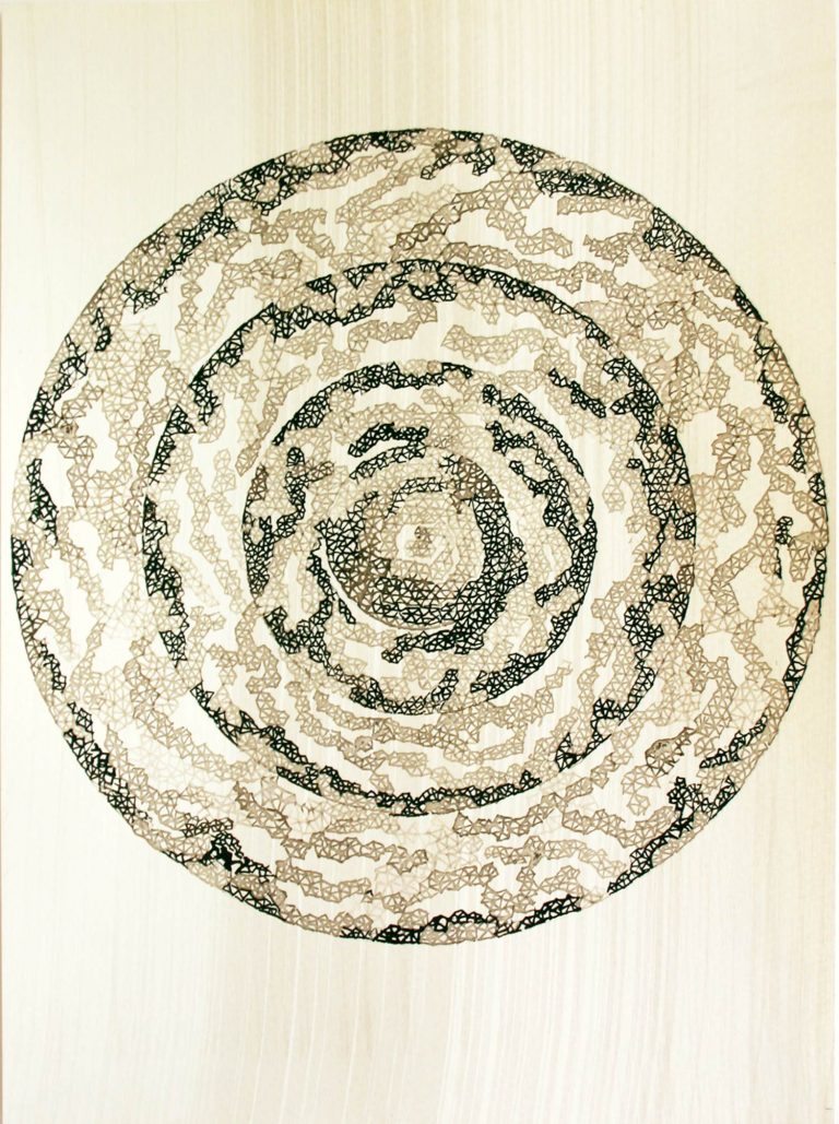 ´Die Ringe durchbrechen, fuer den Freigeist IV`, 2014, ink on Portvin, paper, Kuenstlerin-Koeln