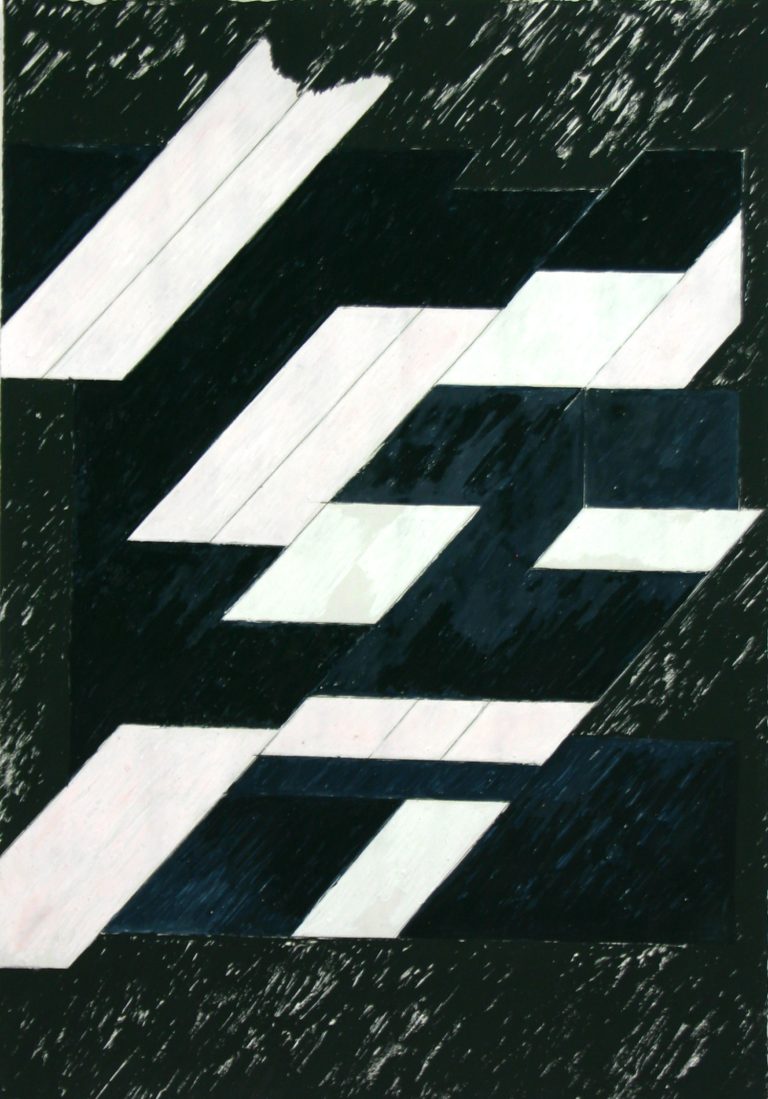 ´fortwehendes Dach VI`, 2017, gouache, pigments on gesso on paper, Kuenstlerin-Koeln