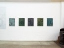 nstallation view studio 14, july 2020, ´Bilder der fliessenden Welt I-V`, acrylic, pigments on linen, 60 x 45 cm, walldrawing ´Lob des Raumes II`, 2018, sgrafitto, 169 x 169 cm