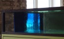 exhibition view (for Mantegna), antique glass in glass showcase, deep blue, green, light blue, stainless steel plate, 2019, 54,5 x 91,6 x 43,5 x 18 cm