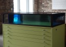 exhibition view (for Mantegna), antique glass deep blue, green light blue, stainless steel plate, 2019, 54,5 x 91,6 x 43,5 x 18 cm