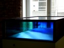 exhibition view (for Mantegna), antique glass in glass showcase, deep blue, green, light blue, stainless steel plate, 2019, 54,5 x 91,6 x 43,5 x 18 cm