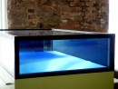 exhibition view (for Mantegna), antique glass in glass showcase, deep blue, green, light blue, stainless steel plate, 2019, 54,5 x 91,6 x 43,5 x 18 cm