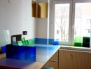 prototype, studio cologne, (for Mantegna), antique glass deep blue, green light blue, stainless steel plate, 2018