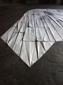 ´reflecting space`, 2022, detail, site specific work, 155 sheets of paper, painted, falted, St. Gertrud (concret brutalism, architect G. Böhm), photography © Claudia Larissa Artz