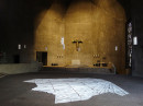 ´reflecting space`, 2022, site specific work, pigments, acrylic on paper (155 x 70 x 50 cm), pigments, acrylic, falted, St. Gertrud (concret brutalism, architect G. Böhm), photography © Claudia Larissa Artz