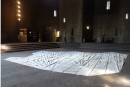 ´reflecting space`, 2022, detail, view east, side specific work, 155 sheets of paper, painted, falted, St. Gertrud (concret brutalism, architect G. Böhm), photography © Claudia Larissa Artz