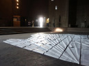 ´reflecting space`, 2022, view east, site specific work, 155 sheets of paper, painted, falted, St. Gertrud (concret brutalism, architect G. Böhm), photography © Claudia Larissa Artz