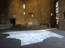 ´reflecting space`, 2022, site specific work, 155 sheets of paper, pigments, acrylic, falted, St. Gertrud (concret brutalism, architect G. Böhm), photography © Claudia Larissa Artz