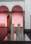 exhibition view, ´Night of Lights`, colored light, ´LOB DES RAUMES`, objects on paper, main hall entrance, © Claudia Larissa Artz