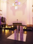exhibition view, ´Night of Lights`, colored light, ´LOB DES RAUMES`, objects on paper, main hall, altar, © Claudia Larissa Artz