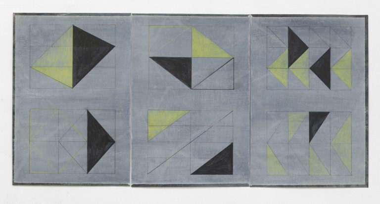 ´GEO II (den Raum gelb durchwandern)`, 3 pieces, 2022, acrylic, pigments, encre du chine, crayon on paper, 37,5x75 cm, Kuenstlerin-Koeln