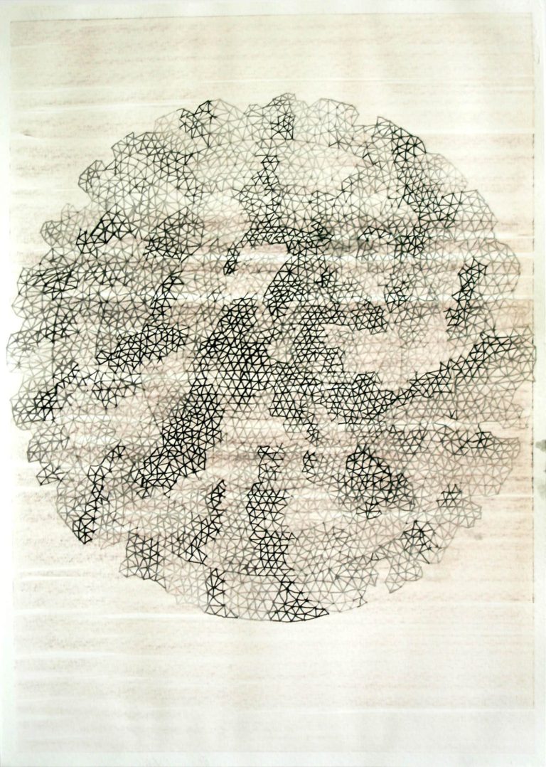 ´Die Ringe durchbrechen, fuer den Freigeist IX`, 2014 ink on Portvin, paper, Kuenstlerin-Koeln