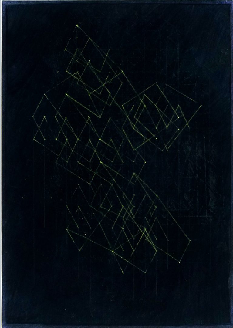 Verstrickungen (Himmelsgeometrie) I, 2025, pigments, acrylic, rabbit glue, pencil, 29,7 x 21, Kuenstlerin-Koeln