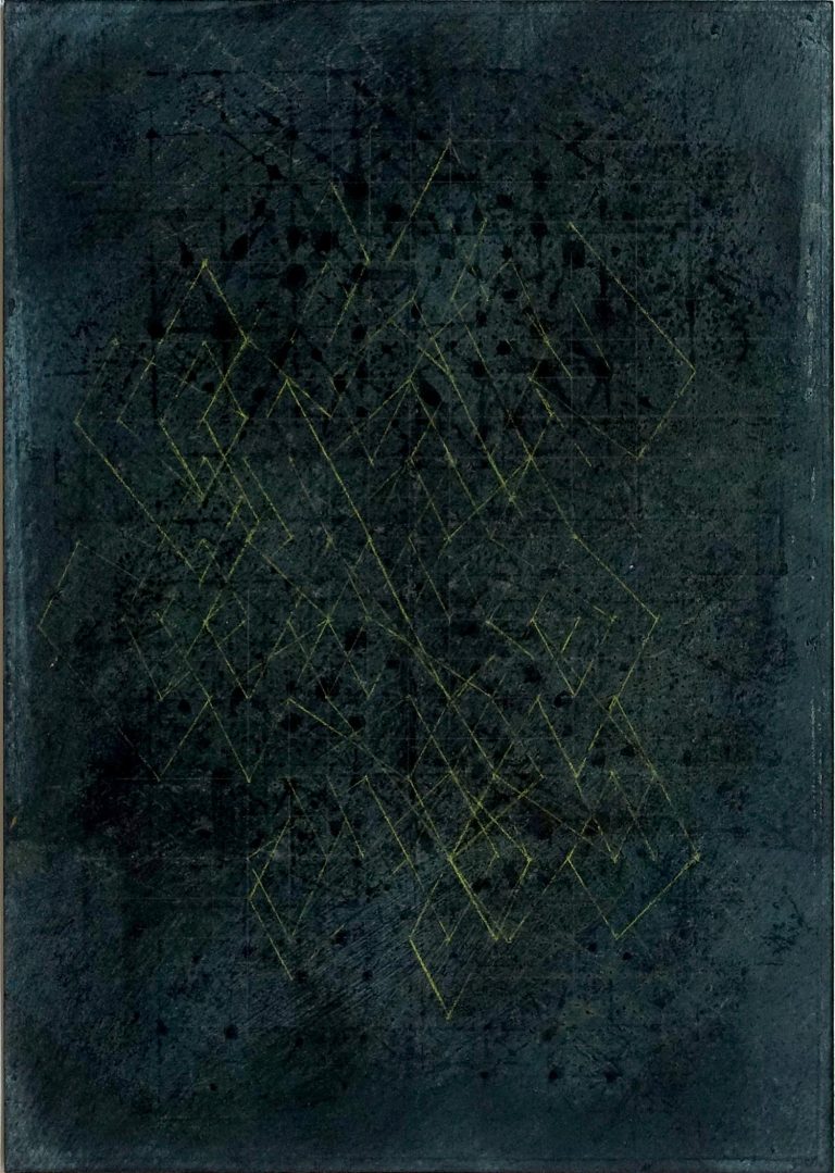 Verstrickungen (Himmelsgeometrie) III, 2025, pigments, acrylic, rabbit glue, pencil, 29,7 x 21, Kuenstlerin-Koeln