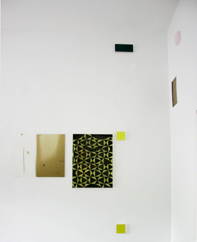 exhibition view ´AUFWIEDERSEHEN`, 2014, zone E, Essen, with Wolfgang Lüttgens (left side), Claudia Larissa Artz (middle part), Thomas Kemper (right side), photograph -® W Lu¦êttgens, Kuenstlerin-Koeln