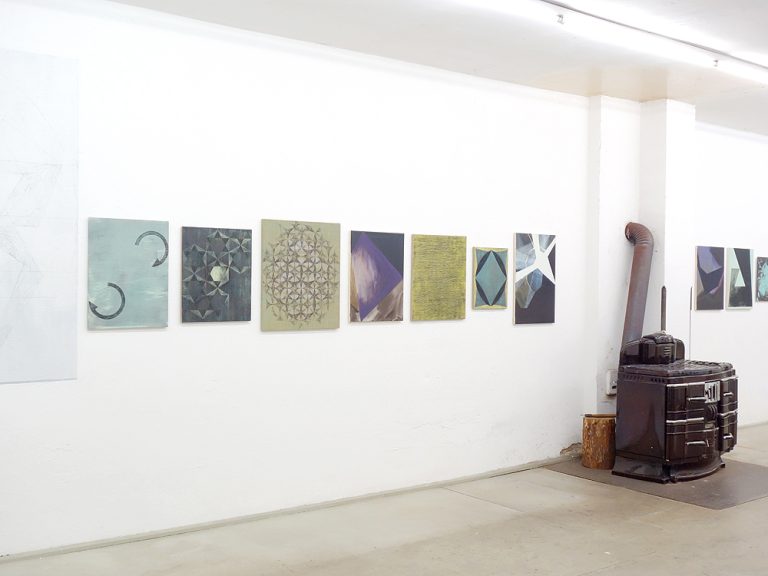 installation view finissage studio 14, paintings from 15 years, waöödrawing sgraffito, july 2020, Kuenstlerin-Koeln