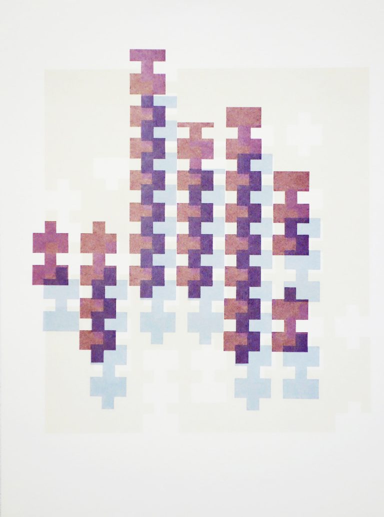 ´cream green, plum brown, gray blue double on white, serie C (for Agnes)`, 2002, screen print on paper, 69 x 50 cm, Künstlerin-Köln